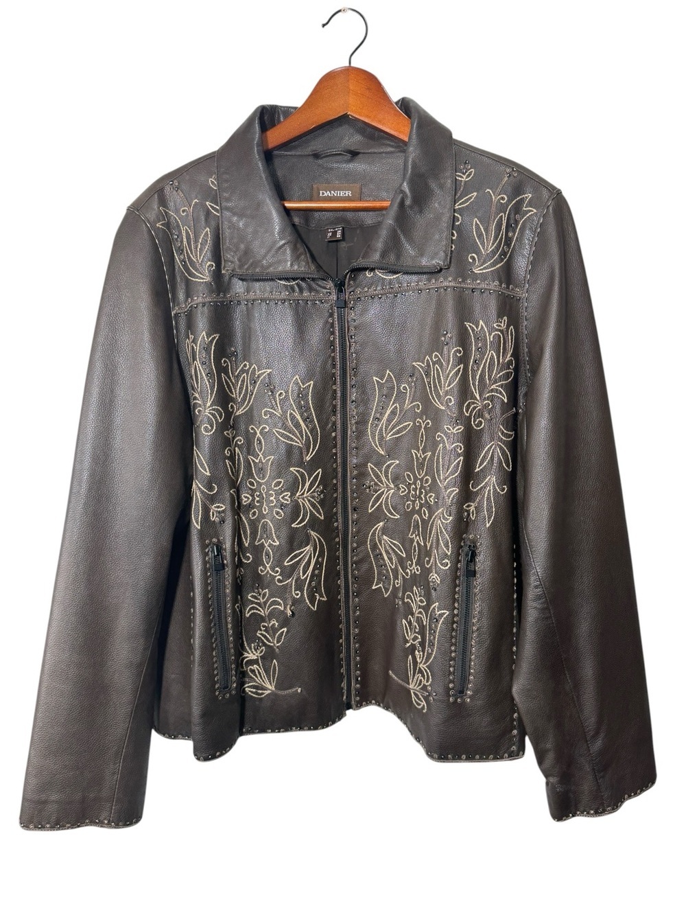 Danier Brown Leather Jacket with Cream Embroidery Size 3XL